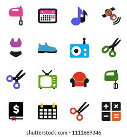 solid vector ixon set - mixer vector, scissors, music, annual report, calendar, snickers, swimsuite, radio, satellitie, tv, cushioned furniture, calculator