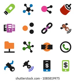 solid vector ixon set - molecule vector, satellite, satellitie, social media, rca, network folder, server, usb modem, share, chain, disconnection, phone, tap pay