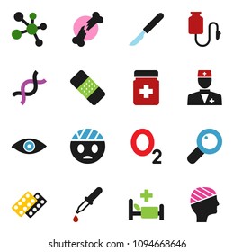 solid vector ixon set - molecule vector, oxygen, doctor, eye, dna, magnifier, dropper, scalpel, broken bone, patch, pills bottle, blister, hospital bed, drop counter, head bandage