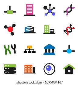 solid vector ixon set - molecule vector, bank, hierarchy, dna, chromosomes, ovule, connect, big data, apartments, office building, home