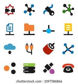 solid vector ixon set - molecule vector, satellite, social media, rca, connect, network, disconnection, folder, big data, share, cloud upload, document, phone