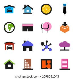 solid vector ixon set - molecule vector, tie, buttocks, shorts, earth, clock, package, cloud network, home, house, garage, plan, building