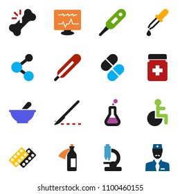 solid vector ixon set - molecule vector, disabled, thermometer, flask, dropper, scalpel, broken bone, pills, bottle, blister, mortar, microscope, diagnostic monitor, potion, doctor