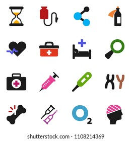 solid vector ixon set - molecule vector, first aid kit, oxygen, doctor bag, heart pulse, thermometer, magnifier, syringe, crutches, broken bone, sand clock, chromosomes, hospital bed, potion