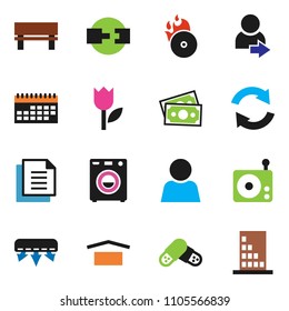 solid vector ixon set - money vector, calendar, document, dry cargo, tulip, music hit, radio, pills, bench, refresh, connection, user, login, washer, air conditioner, building