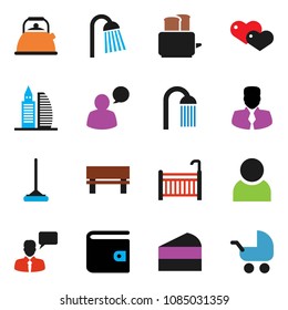 solid vector ixon set - mop vector, shower, kettle, toaster, cake, wallet, manager, speaking man, heart, bench, user, office building, crib, baby stroller