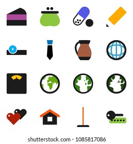 solid vector ixon set - mop vector, jug, cake, pencil, world, tie, scales, pills, earth, heart, eye doctor hat, wallet, home, password