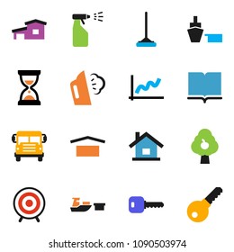 solid vector ixon set - mop vector, steaming, sprayer, book, school bus, graph, sand clock, target, port, dry cargo, key, house, cottage, fruit tree, password