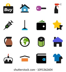 solid vector ixon set - mop vector, sprayer, toilet paper, jug, cake, wallet, earth, dry cargo, syringe, home, key, house, star, buy, clothes
