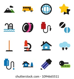 solid vector ixon set - mop vector, plates, pencil, microscope, school bus, world, pool, pills, drop counter, cloud exchange, house, chalet, mountain, star, password