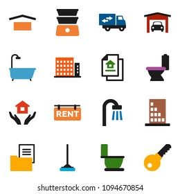 solid vector ixon set - mop vector, toilet, house hold, double boiler, dry cargo, garage, estate document, rent signboard, apartments, bath, relocation truck, building, password