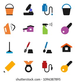 solid vector ixon set - mop vector, bucket, steaming, toilet brush, sprayer, pencil, microscope, medal, drop counter, cottage, key, home, password