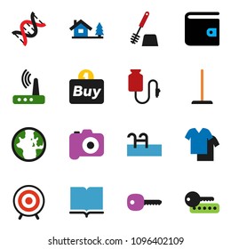 solid vector ixon set - mop vector, toilet brush, book, world, wallet, target, camera, dna, drop counter, router, key, chalet, pool, buy, clothes, password