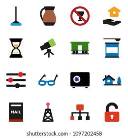 solid vector ixon set - mop vector, house hold, jug, glasses, telescope, sand clock, safe, sports nutrition, no alcohol sign, Railway carriage, antenna, equalizer, hierarchy, chalet, mailbox, unlock