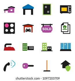 solid vector ixon set - mop vector, window cleaning, iron, steaming, shining, microwave oven, school building, warehouse, key, cottage, garage, estate document, sold signboard, apartments
