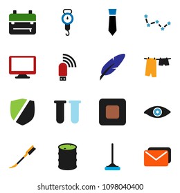 solid vector ixon set - mop vector, car fetlock, drying clothes, scales, pen, backpack, constellation, tie, protected, oil barrel, monitor, stop button, vial, eye, usb modem, mail