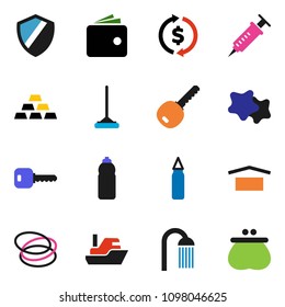 solid vector ixon set - mop vector, splotch, shower, exchange, wallet, gold ingot, punching bag, water bottle, hoop, ship, dry cargo, syringe, shield, key