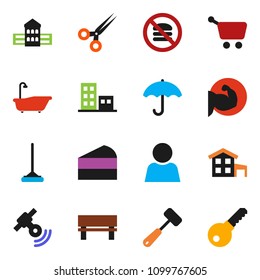 solid vector ixon set - mop vector, bath, meat hammer, cake, school building, muscule hand, no fastfood, umbrella, satellitie, scissors, bench, user, cottage, apartments, cart, password