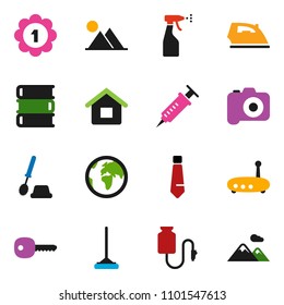 solid vector ixon set - mop vector, iron, toilet brush, sprayer, book, tie, medal, earth, camera, syringe, drop counter, router, key, house, mountain