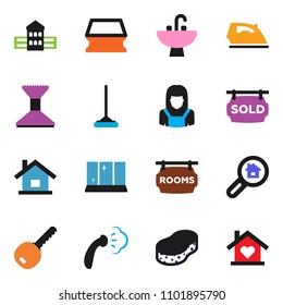 solid vector ixon set - mop vector, sponge, car fetlock, iron, steaming, shining window, sink, cleaner woman, school building, house, rooms signboard, sold, search estate, key, love home