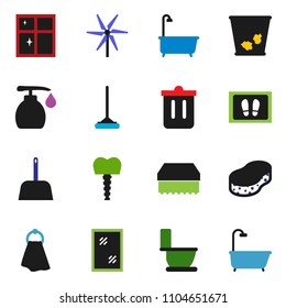 solid vector ixon set - mop vector, scoop, sponge, towel, trash bin, window cleaning, welcome mat, bath, toilet, liquid soap, shining, tooth implant, windmill