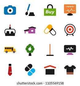 solid vector ixon set - mop vector, toilet brush, cake, school bus, tie, target, pills, dry cargo, camera, diagnostic monitor, cottage, fruit tree, buy, clothes