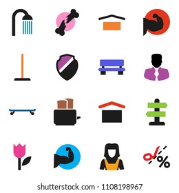 solid vector ixon set - mop vector, shower, cleaner woman, toaster, manager, muscule hand, skateboard, signpost, dry cargo, tulip, broken bone, shield, bench, coupon