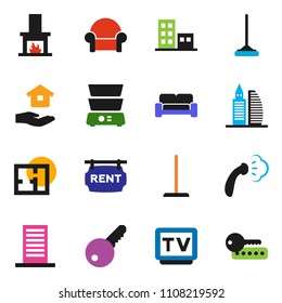solid vector ixon set - mop vector, steaming, house hold, double boiler, tv, plan, rent signboard, apartments, office building, key, cushioned furniture, fireplace, password