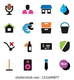 solid vector ixon set - mop vector, bucket, water drop, archive, check, tie, euro sign, office, no trolley, protected, microphone, speaker, potion, house, consumer, new