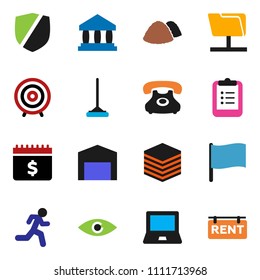 solid vector ixon set - mop vector, garbage pile, notebook pc, clipboard, flag, bank, target, dollar calendar, run, phone, protected, eye, network folder, big data, barn, rent signboard