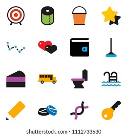 solid vector ixon set - mop vector, bucket, toilet, paper, cake, pencil, school bus, constellation, wallet, target, pool, heart, dna, pills, star, password