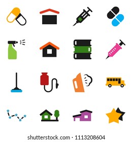 solid vector ixon set - mop vector, steaming, sprayer, book, school bus, constellation, pills, dry cargo, syringe, drop counter, cottage, chalet, home, star