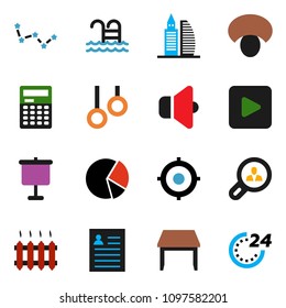 solid vector ixon set - mushroom vector, calculator, presentation, personal information, constellation, pie graph, target, pool, gymnast rings, speaker, play button, office building, client search