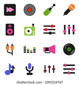 solid vector ixon set - music vector, disk, microphone, radio, loudspeaker, settings, equalizer, speaker, forward button, rca, jack