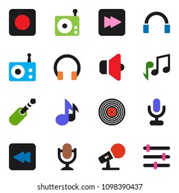 solid vector ixon set - music vector, disk, microphone, radio, speaker, headphones, forward button, backward, rec, jack, equalizer