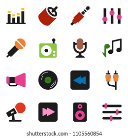 solid vector ixon set - music vector, disk, microphone, radio, loudspeaker, settings, equalizer, speaker, forward button, backward, rca, jack
