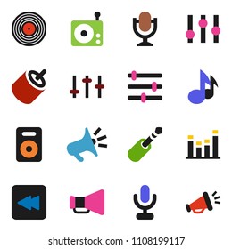 solid vector ixon set - music vector, disk, radio, loudspeaker, settings, equalizer, microphone, speaker, backward button, rca, jack