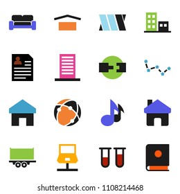solid vector ixon set - music vector, constellation, personal information, truck trailer, dry cargo, vial, bandage, connection, notebook network, home, apartments, cushioned furniture, building