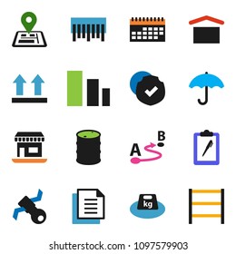 solid vector ixon set - navigator vector, office, satellite, calendar, clipboard, document, umbrella, dry cargo, top sign, sorting, protected, weight, oil barrel, barcode, route, shelving