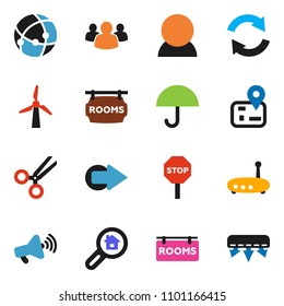 solid vector ixon set - navigator vector, umbrella, loudspeaker, group, scissors, connection, router, arrow, refresh, stop, windmill, rooms signboard, search estate, consumer, air conditioner