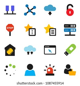 solid vector ixon set - network vector, server, cloud exchange, browser, usb modem, favorites, download, loading, unlock, user, stop, siren, smart home, customer