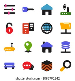 solid vector ixon set - network folder vector, server, big data, equalizer, router, home, message, bench, globe, unlock, key, pin, magnifier