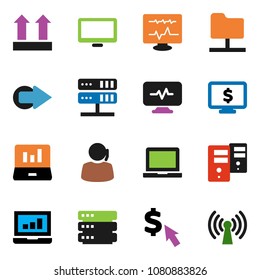 solid vector ixon set - notebook pc vector, laptop graph, monitor dollar, cursor, support, top sign, diagnostic, network folder, server, big data, arrow, wireless