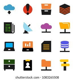 solid vector ixon set - notebook pc vector, document, archive, laptop graph, personal information, attention, satellite antenna, newspaper, network folder, server, cloud, big data, download