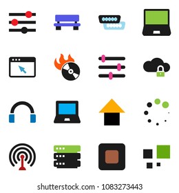 solid vector ixon set - notebook pc vector, arrow up, music hit, antenna, headphones, stop button, hdmi, cloud lock, big data, browser, equalizer, bench, loading