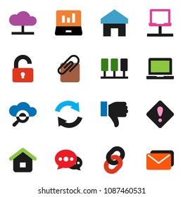 solid vector ixon set - notebook pc vector, laptop graph, finger down, server, network, cloud, glass, home, message, refresh, chain, attachment, attention sign, unlock, mail