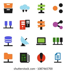 solid vector ixon set - notebook pc vector, archive, signpost, attention, satellite antenna, newspaper, server, network folder, cloud exchange, share, document