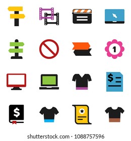 solid vector ixon set - notebook pc vector, certificate, annual report, t shirt, medal, prohibition sign, signpost, cinema clap, film frame, monitor, clothes