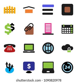 solid vector ixon set - notebook pc vector, monitor dollar, sign, calendar, dry cargo, classic phone, stop button, cloud lock, menu, globe, route arrow, attachment, fence, building, 24 hour