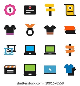 solid vector ixon set - notebook pc vector, certificate, t shirt, medal, signpost, cinema clap, film frame, clothes